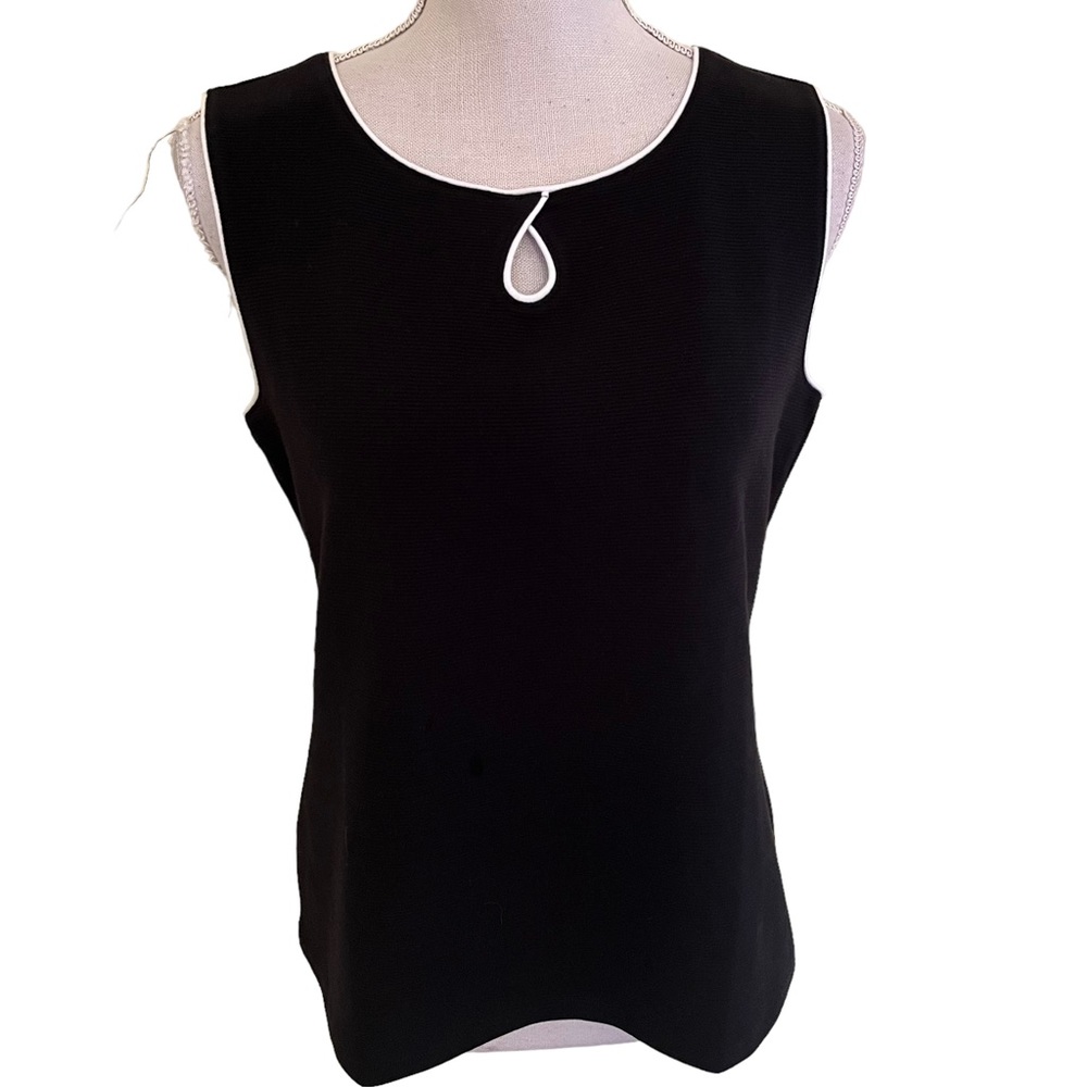 Talbots Black Sleeveless Knit Top with White Piping and Front Keyhole MP
